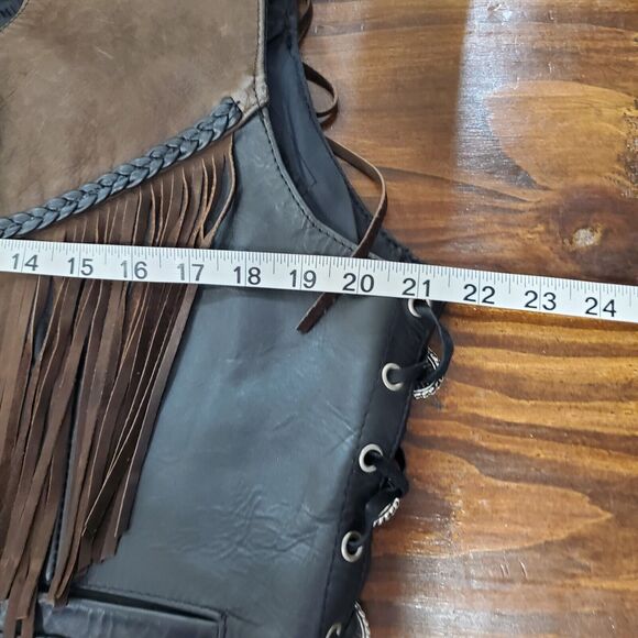 Antelope Creek Black Leather Brown Suede Fringe Western Biker Vest XL Conchos - Picture 9 of 10
